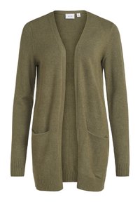 Långärmad öppensydd olivgrön cardigans med två framlommor och ribbade ärmslut och nederkant.