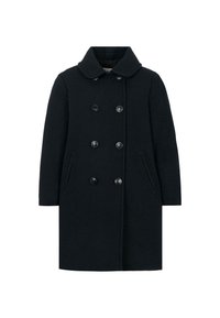 Cappotto nero doppiopetto con colletto, realizzato in tessuto strutturato. Presenta sei bottoni rotondi, due tasche laterali e una linea dritta.