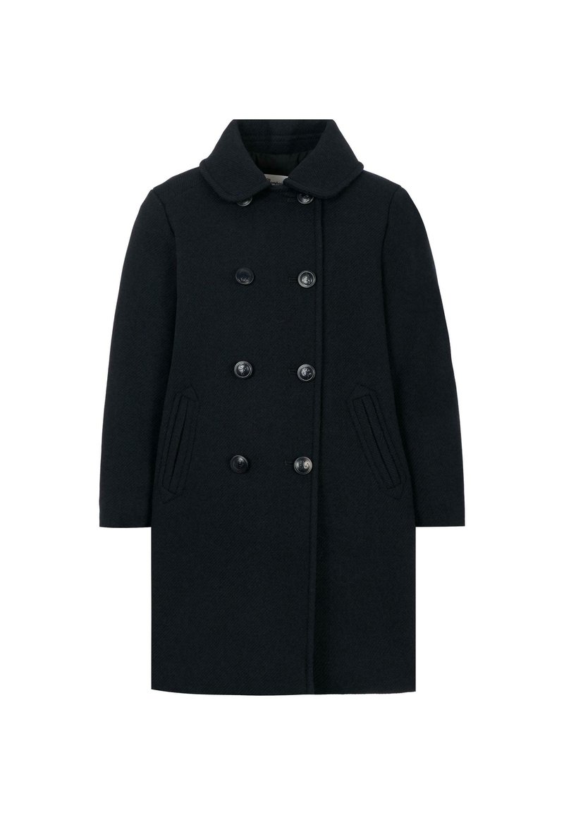 Cappotto nero doppiopetto con colletto, realizzato in tessuto strutturato. Presenta sei bottoni rotondi, due tasche laterali e una linea dritta.