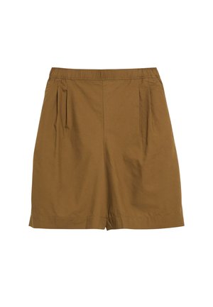 Bruine knielange shorts met elastische tailleband en zijplooien op een witte achtergrond.