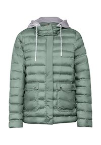 Grön puffjacka med grå huva, som har horisontell sömnad, två framlommor och dragsnören. Slät, lättviktsmaterial.