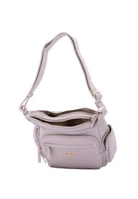 Borsa a tracolla in pelle grigia con finitura testurizzata, due scomparti con cerniera, accenti in hardware dorato e tracolla regolabile.