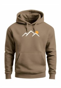 Brown hoodie with white mountain outline and orange sun graphic on chest, featuring front pocket and drawstring hood.