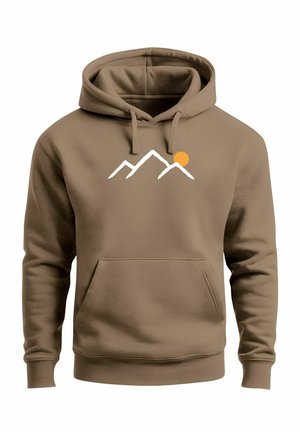 Brauner Hoodie mit weißem Bergumriss und orangefarbenem Sonnenmotiv auf der Brust, ausgestattet mit Fronttasche und Kordelzugkapuze.