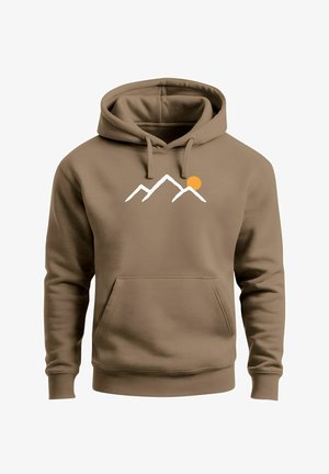 Brown hoodie with white mountain outline and orange sun graphic on chest, featuring front pocket and drawstring hood.