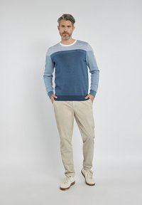 Męski sweter dzianinowy z gradientowym niebieskim wzorem, okrągłym dekoltem i prążkowanymi mankietami. W zestawieniu z jasnobeżowymi spodniami i białymi trampkami.