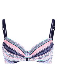 Bunt gemusterter Bikini-Oberteil mit geometrischen und floralen Mustern, gepolsterten Cups und verstellbaren Trägern. Hergestellt aus elastischem Stoff mit einem vorderen Verschluss.