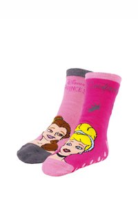 Chaussettes sur le thème des Princesses Disney en rose et gris, avec des impressions graphiques de personnages ; tissu texturé et design de pointe renforcé.
