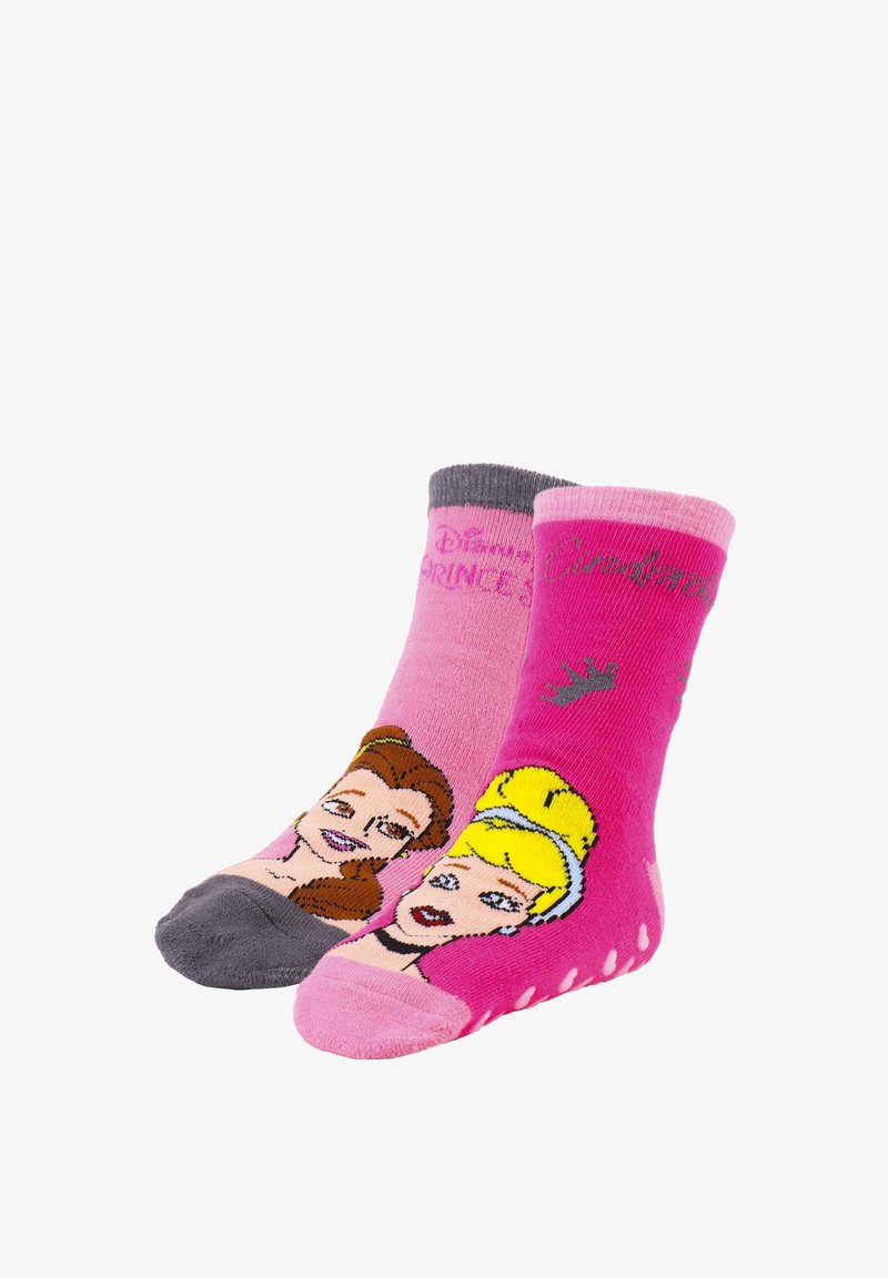 Chaussettes sur le thème des Princesses Disney en rose et gris, avec des impressions graphiques de personnages ; tissu texturé et design de pointe renforcé.