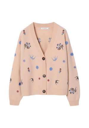 Rózsaszín kardigán V-nyakkivágással, virág- és madárhímzéssel, valamint dekoratív gombokkal. Puha textúra és laza szabás.