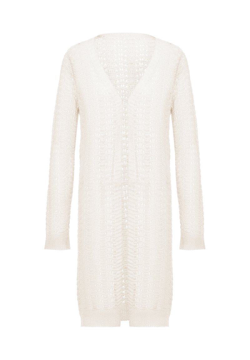Cardigan lungo aperto in tessuto a maglia testurizzato di colore crema. Caratterizzato da scollatura a V e maniche lunghe, con orlo e polsini a coste.