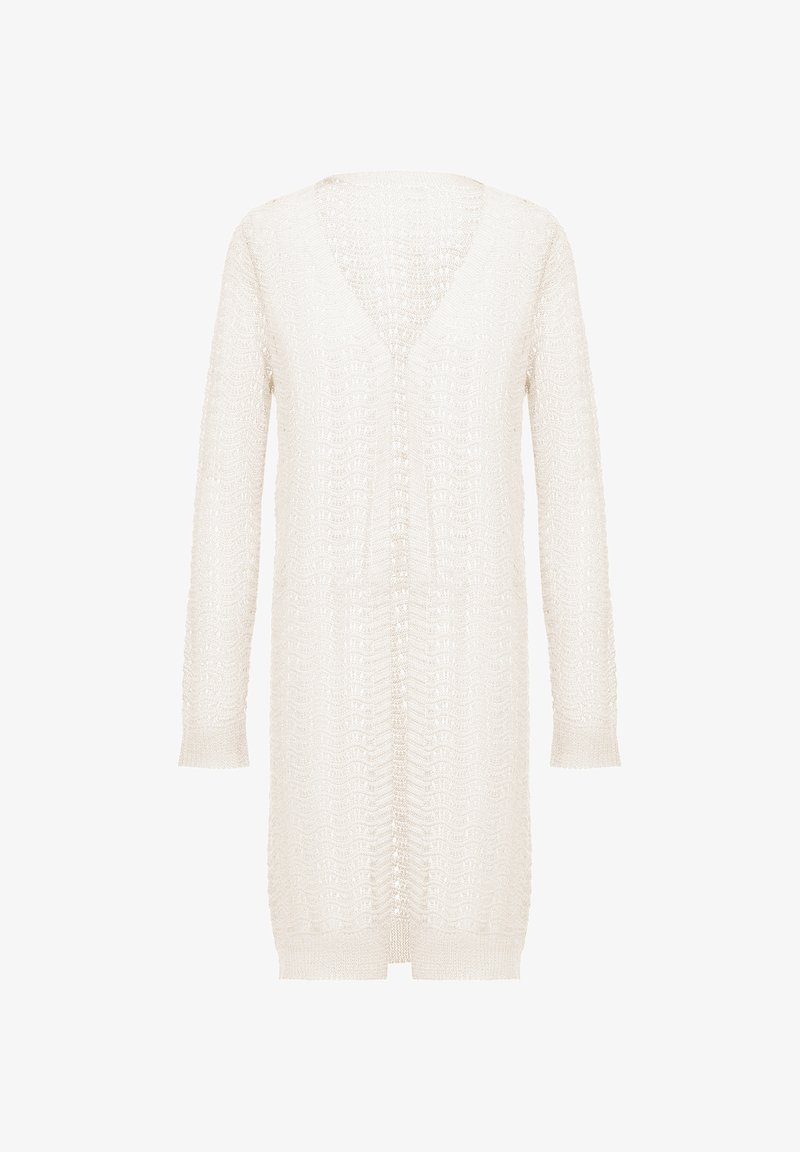 Cardigan lung, deschis în față, dintr-un material tricotat texturat de culoare crem. Are un decolteu în V și mâneci lungi, cu tiv și manșete ribbate.