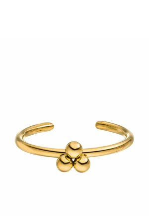 Bracelet en or plaqué présentant trois accents sphériques au centre, surface lisse, design ouvert et finition polie.
