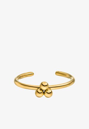 Gold-plated cuff bracelet featuring three spherical accents at the center, smooth surface, open-ended design, and polished finish.
