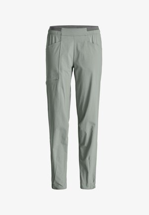 Light gray casual pants with elastic waistband, side pockets, and tapered legs against a white background.