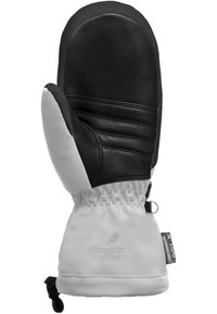 Schwarze Lederhandschuhe mit einem weißen Stoffbund, der ein gestepptes Design aufweist und ein elastisches Handgelenk für einen engen Sitz bietet. Logo auf dem Bund gedruckt.