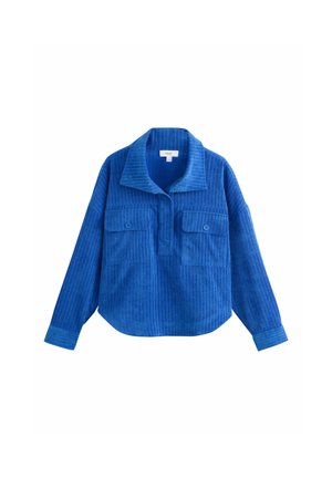 Blue corduroy long-sleeve shirt with wide collar and two buttoned chest pockets on a white background.