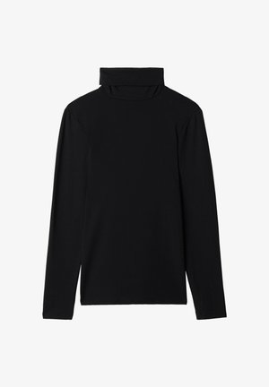 Black long-sleeve turtleneck top made of a soft fabric. Features a relaxed fit and a simple, seamless design without any patterns or accents.