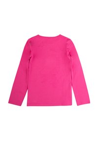 Maglietta a maniche lunghe in cotone rosa brillante. Tessuto liscio, scollatura rotonda e senza motivi o decorazioni visibili.