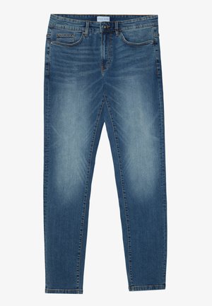 Jeans aus Denim in mittlerem Blau mit einer verblassten Waschung, Fünf-Taschen-Design, geradem Bein und gestickten Akzenten. Mit Knopf- und Reißverschluss.