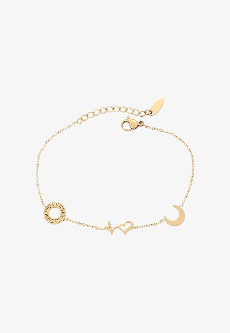 Arany láncos karkötő nyitott körrel, szívverés vonallal, amely egy szívhez kapcsolódik, és egy félhold medállal.