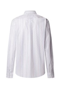 Witte blouse met lange mouwen en verticale strepen in blauw, rood en paars. Klassieke kraag, knoopsluiting en een afgeronde zoom. Soepele stof.