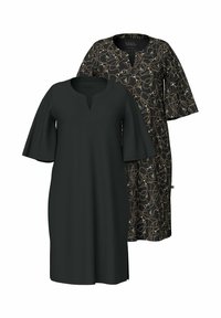 Dwie sukienki: jedna całkowicie czarna, z krótkimi rękawami i dekoltem w serek; druga czarna z złotym wzorem i krótkimi rękawami.