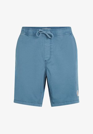 Blue swim shorts made of lightweight fabric, featuring an elastic waistband with drawstring, side pockets, and a small logo on the hem.