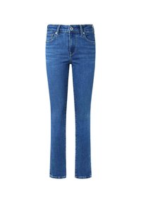 Los jeans de denim azul presentan un corte de pierna recta, ajuste slim, diseño de cinco bolsillos y un cierre de botón con cremallera.