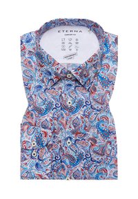 Katoenen prestatie shirt in een blauw, rood en wit paisley patroon; beschikt over een gespreide kraag en twee knopdetails aan de voorkant. Comfortabele pasvorm.