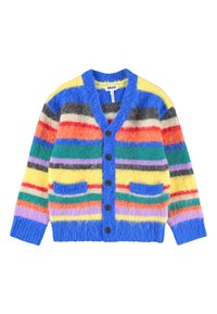 Striped cardigan in soft, fuzzy texture featuring blue, yellow, purple, and red hues. Includes button closures and front pockets.