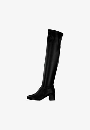 Black over-the-knee boots made of smooth synthetic leather, featuring a block heel, sleek design, and fitted upper extending to mid-thigh.