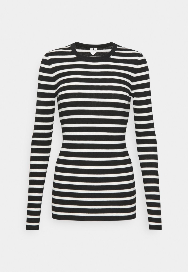 Pull ajusté à manches longues à rayures horizontales noires et blanches avec un col rond, sur fond blanc.