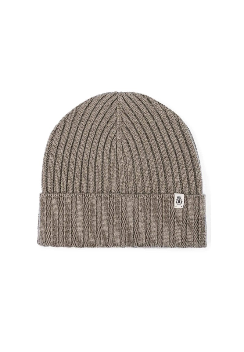 Gray ribbed knit beanie with folded brim. Features a small logo patch on the side. Soft texture and fitted shape for warmth.