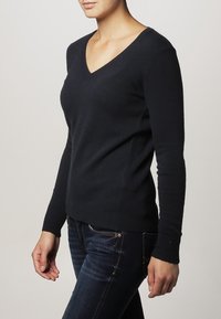 Black knit sweater with a V-neck, long sleeves, and ribbed hem. Soft texture, fitted design, suitable for layering with casual attire.
