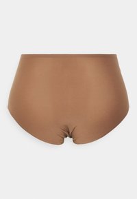 Braune hoch geschnittene Bikinihose aus glattem Stoff, mit nahtlosem Design und abgerundetem Rücken, ideal für Komfort und Passform.