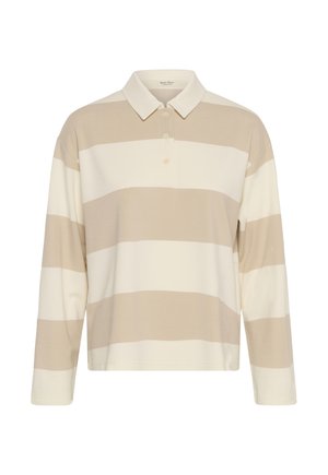 Polo à manches longues avec rayures horizontales beige et blanches, col beige et trois boutons beige sur la patte de boutonnage.
