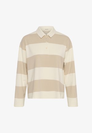 Polo à manches longues avec rayures horizontales beige et blanches, col beige et trois boutons beige sur la patte de boutonnage.