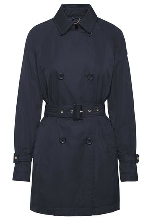 Navyblå dobbeltbrystet trenchcoat med bred krave, bælte i taljen, knaphulsmanchetter og lynlås i halsen.
