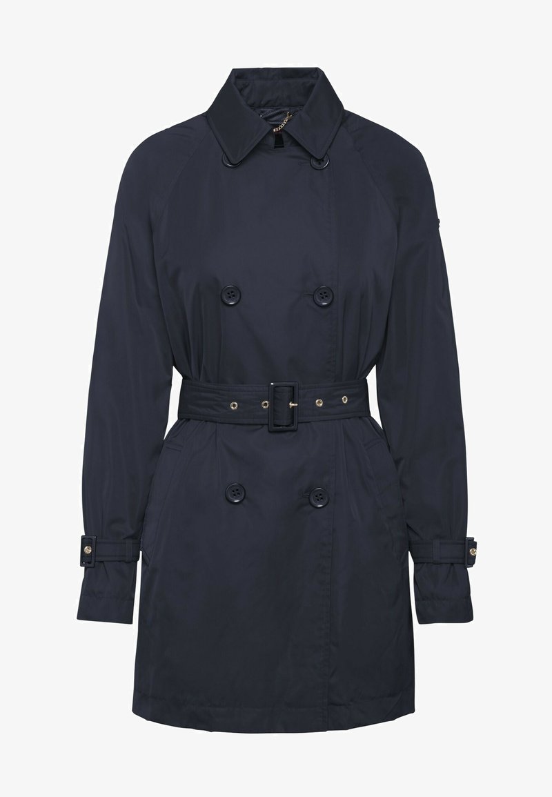 Trench-coat bleu marine croisé avec large col, taille ceinturée, poignets boutonnés et fermeture éclair au niveau du col.