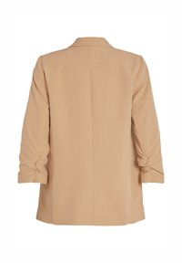 Blazer beige à manches longues avec manches froncées, ourlet droit et col, vu de dos sur fond blanc.