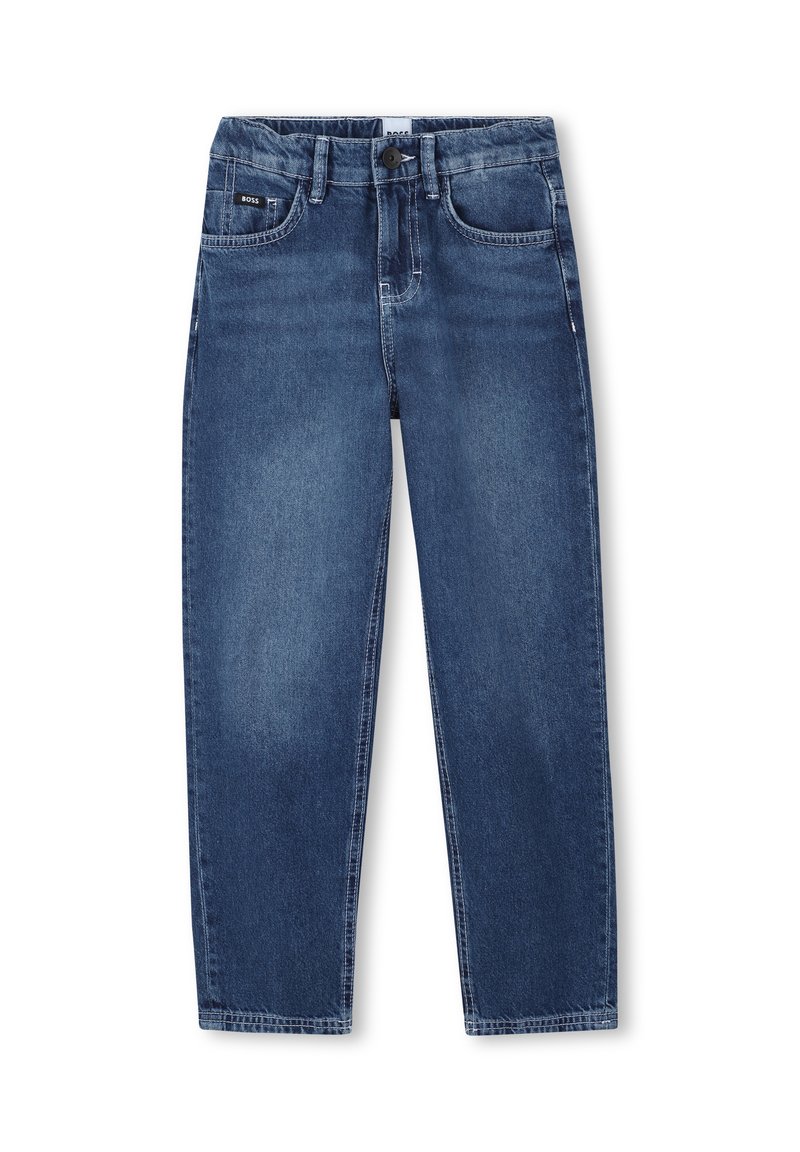 Blå denim jeans med rett snitt, fem lommer, en enkelt knappelukking og subtile vaskedetaljer foran.