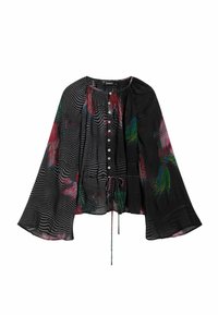 Schwarze Bluse mit bunten Blumenmustern, durchgehender Knopfleiste, gerafftem Halsausschnitt, langen Glockenärmeln und Kordelzug am Saum, aus leichtem Stoff.