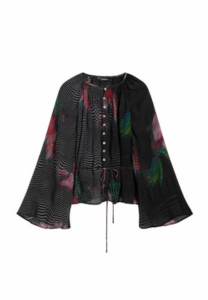 Schwarze Bluse mit bunten Blumenmustern, durchgehender Knopfleiste, gerafftem Halsausschnitt, langen Glockenärmeln und Kordelzug am Saum, aus leichtem Stoff.