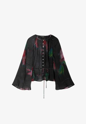 Juoda palaidinė su spalvingais gėlių raštais, sagomis priekyje, rinkiniu prie kaklo, ilgomis varpo formos rankovėmis ir raišteliu apačioje, pagaminta iš lengvos medžiagos.