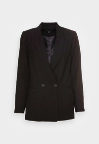 Czarny żakiet z długim rękawem, z klapami, dwoma guzikami z przodu i kieszeniami wpuszczanymi, prezentowany na jednolitym białym tle.