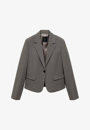 Szary blazer uszyty z teksturowanej tkaniny, z zapięciem na dwa guziki, klapami w kształcie notcha oraz dwoma kieszeniami z przodu, wykończony satynową podszewką.