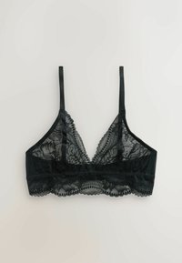 Črni čipkasti bralette z nastavljivimi tankimi naramnicami, cvetličnim čipkastim vzorcem in valovitim čipkastim robom ob spodnjem robu.