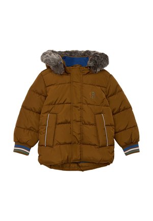 Brun pufferjakke med en faux fur hætte, der har blå foring, ribbede manchetter med multicolor striber og to sidelommer.