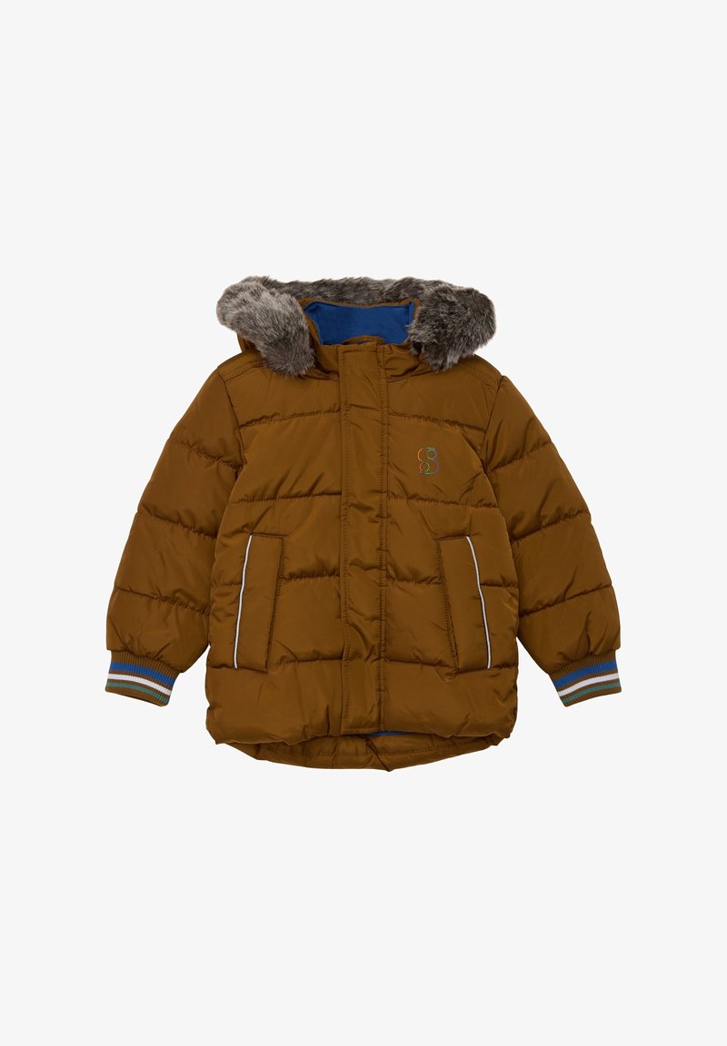 Brown puffer jacket with a faux fur hood, featuring a blue lining, ribbed cuffs with multicolor stripes, and two side pockets.